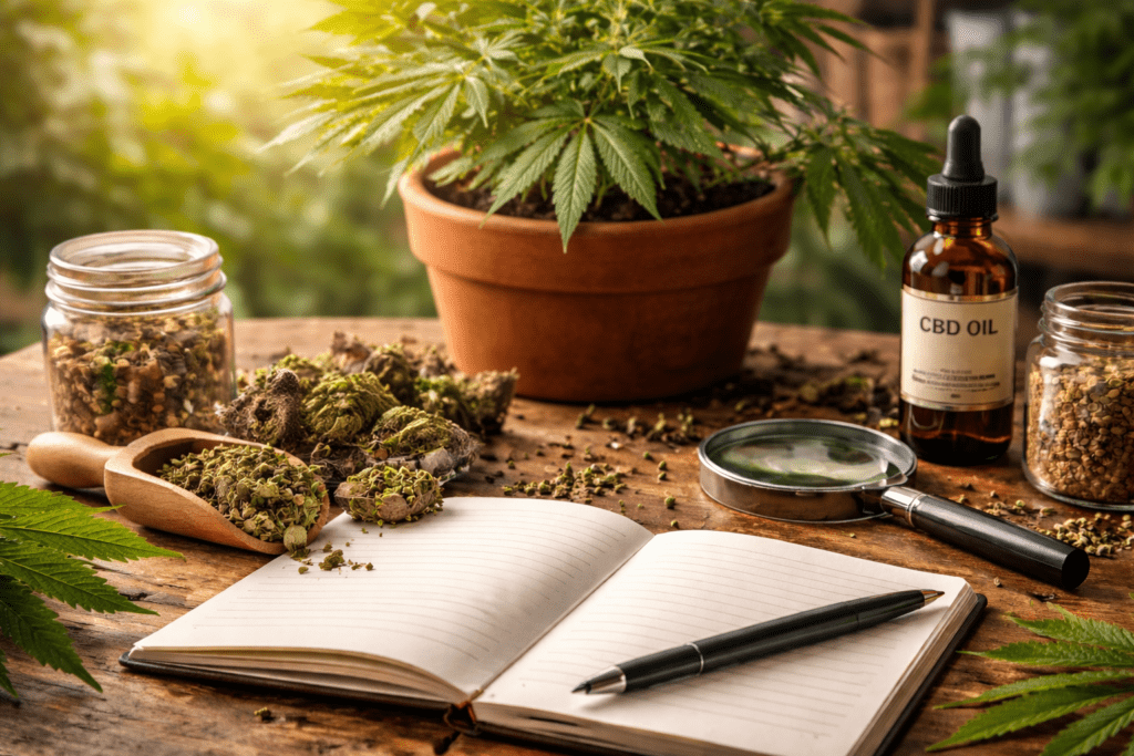 Übersichtsbild Cannbisblüten mit CBD Öl sowie einem Klemmbrett
