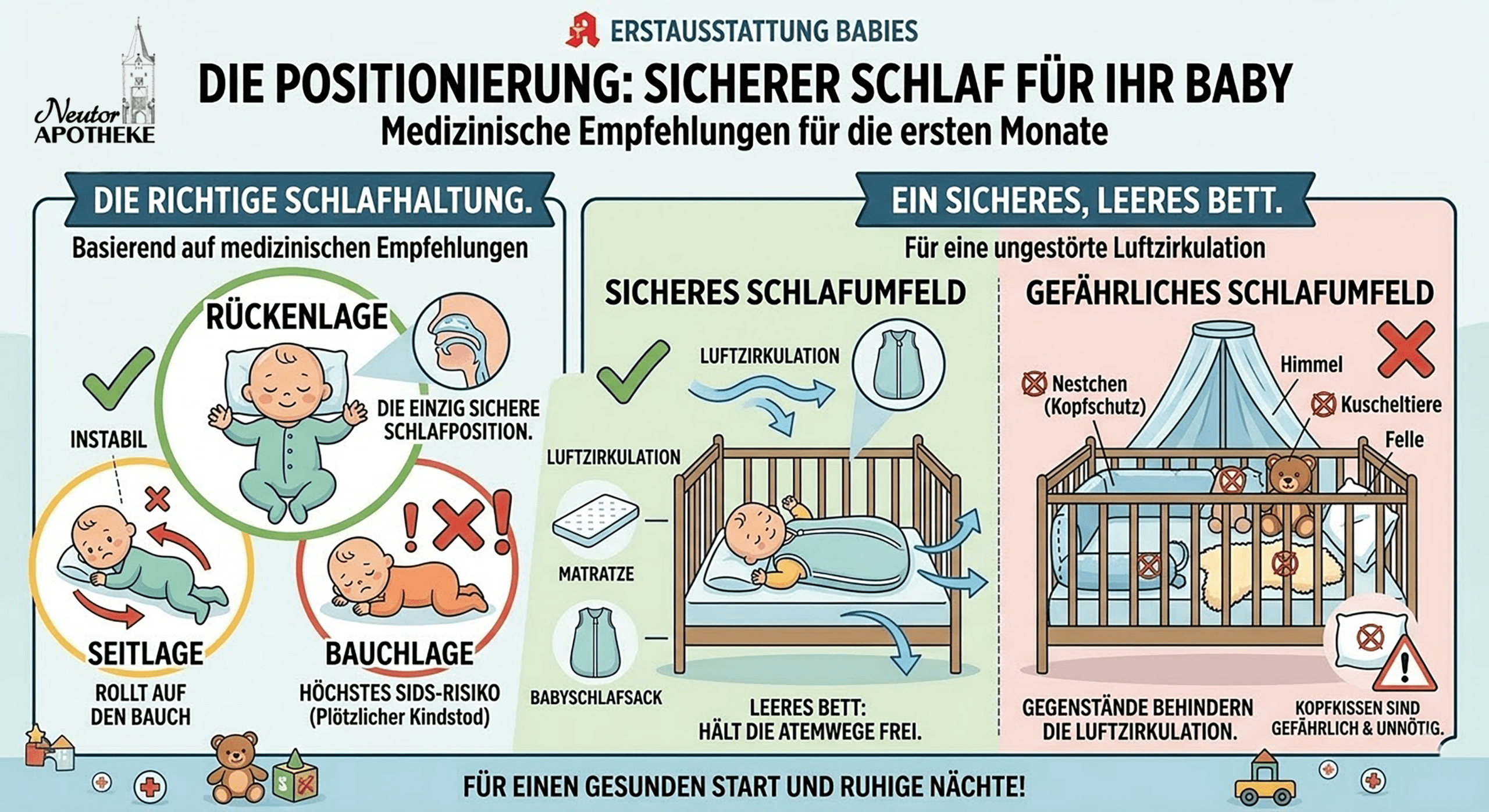 infografik der neutorapotheke zum thema schlafpositionen und schlafumgebung bei babies