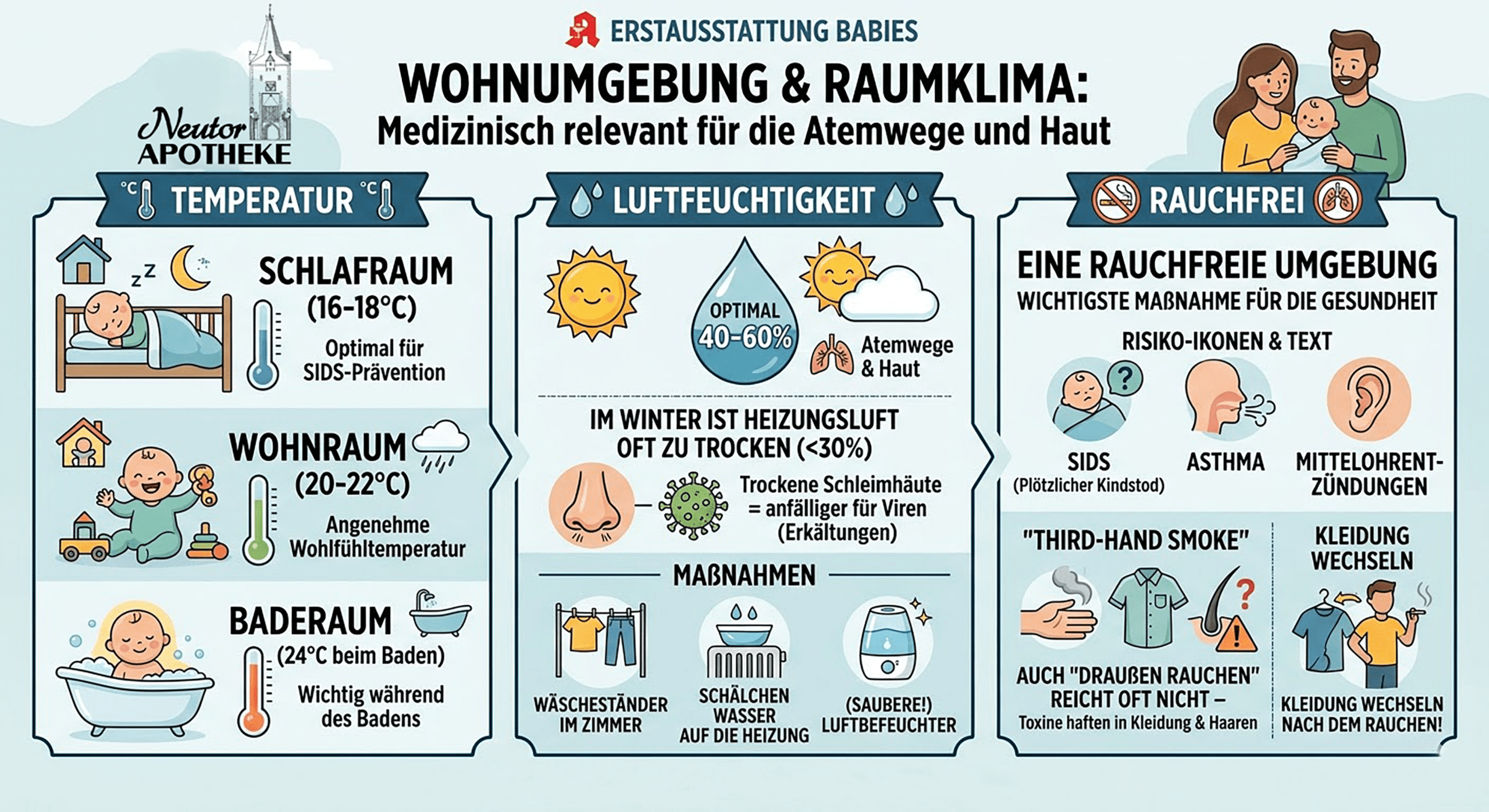 infografik der neutorapotheke dortmund zum thema wohnraumumgebung und raumklima für babies