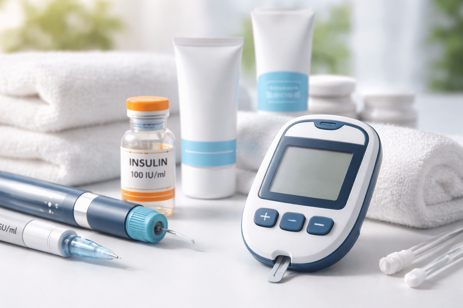 Visualisierung der pharmazeutischen Diabetesberatung in der Apotheke. Sichtbar sind ein Blutzuckermessgerät, Teststreifen, Lanzetten, ein Insulinpen, Pen Nadeln, Urea Hautpflege und ein CGM Sensor.