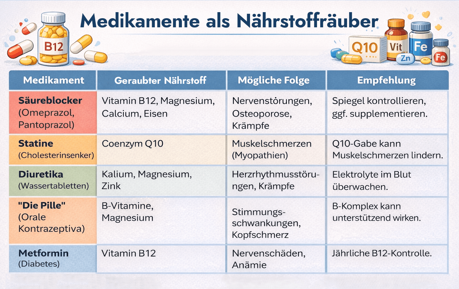 Infografik der Neutor Apotheke Dortmund zum Thema Medikamente als Nährstoffräuber im Ratgeber Nahrungsergänzungsmittel.