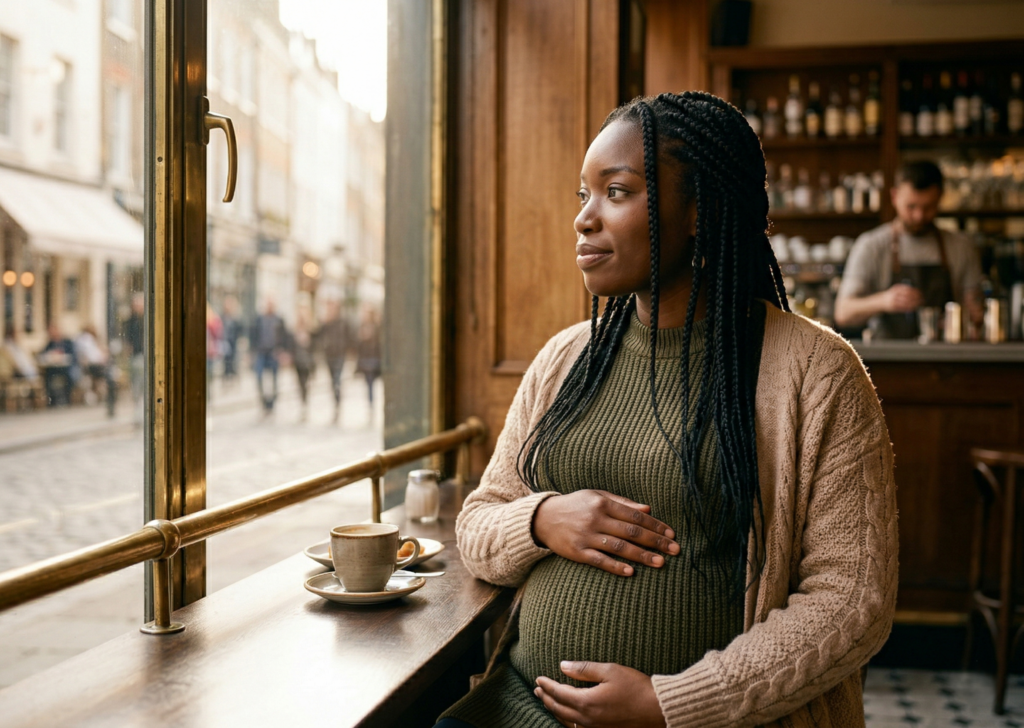 Eine Schwangere Frau sitzt im Cafe und schaut aus dem Fenster während Sie Ihren Babybauch hält.
