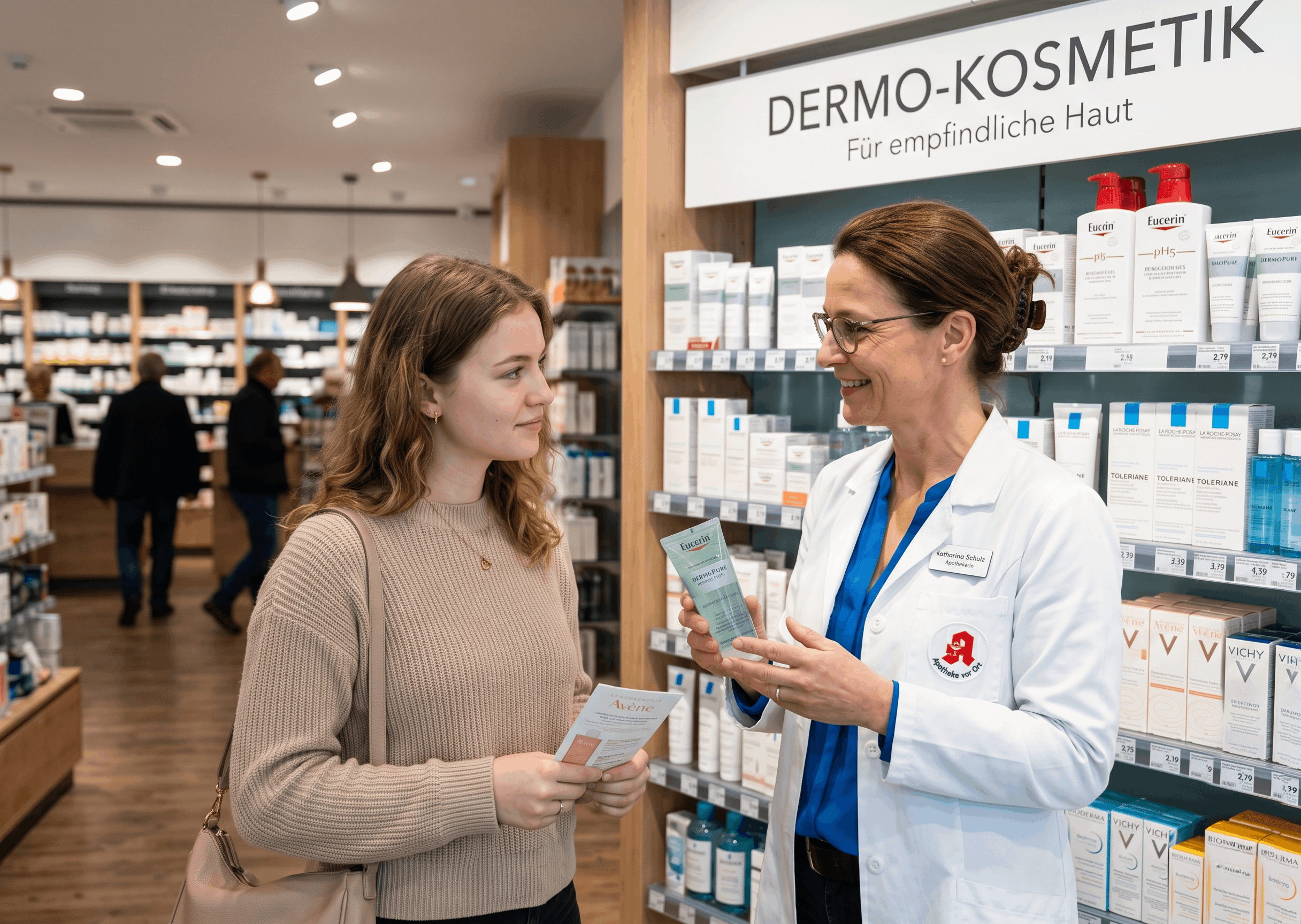 Eine Pharmazeutin der Neutor Apotheke Dortmund berät eine Kundin zum Thema Kosmetik in der Apotheke