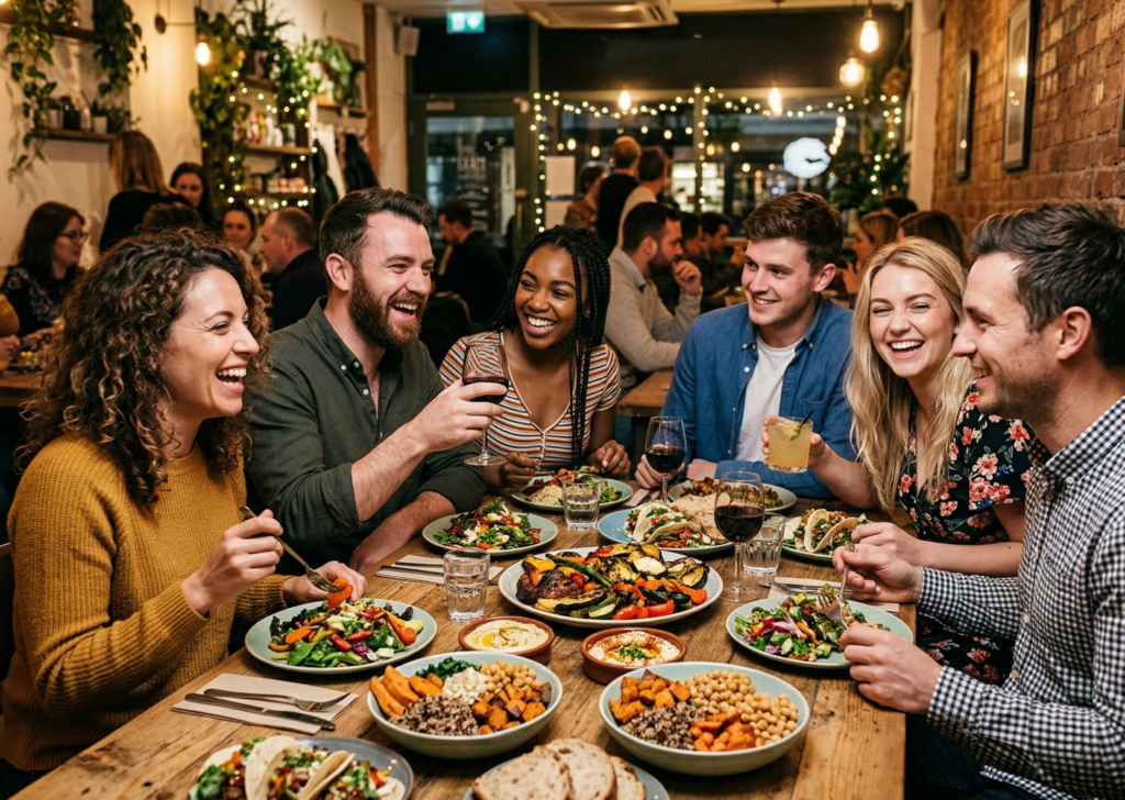 Eine Gruppe von Veganern isst in einem Restaurant und ist glücklich.