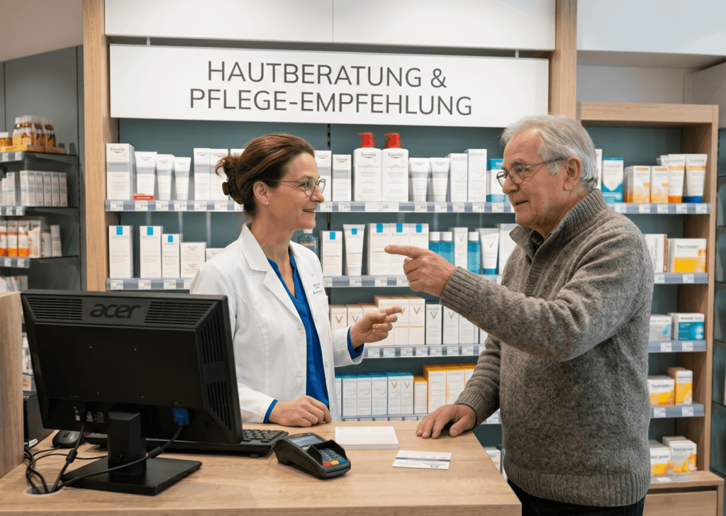Ein Mann lässt sich in der Neutor Apotheke Dortmund mit seiner Kundenkarte beraten