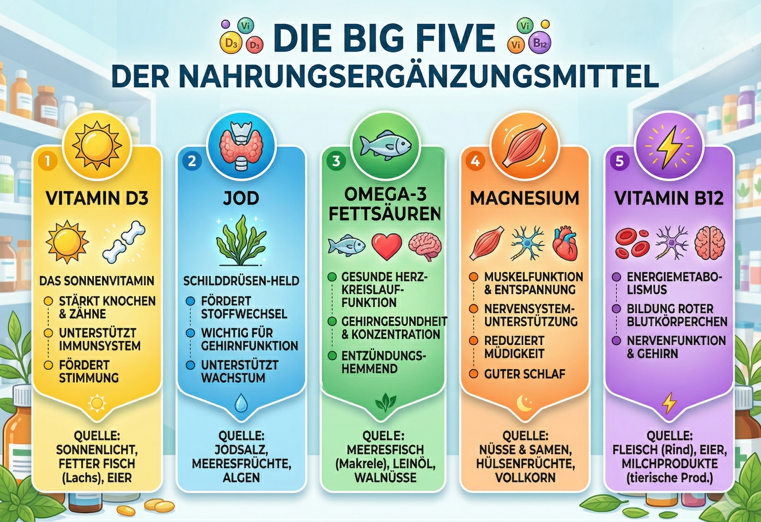 Schaubild der Big Five der Nahrungsergänzungsmittel, der Neutor Apotheke Dortmund.