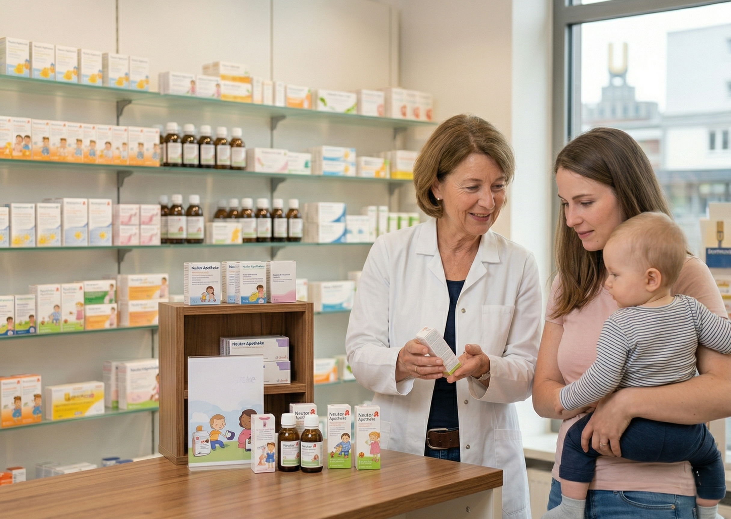 Eine Apothekerin berät eine Mutter mit Kleinkind in der Neutor Apotheke Dortmund zu Medikamenten für die Hausapotheke.