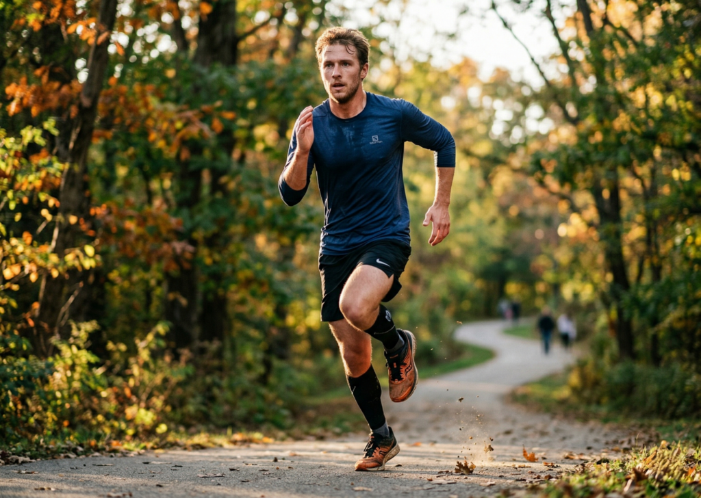 Ein Sportler joggt dynamisch durch die Natur.
