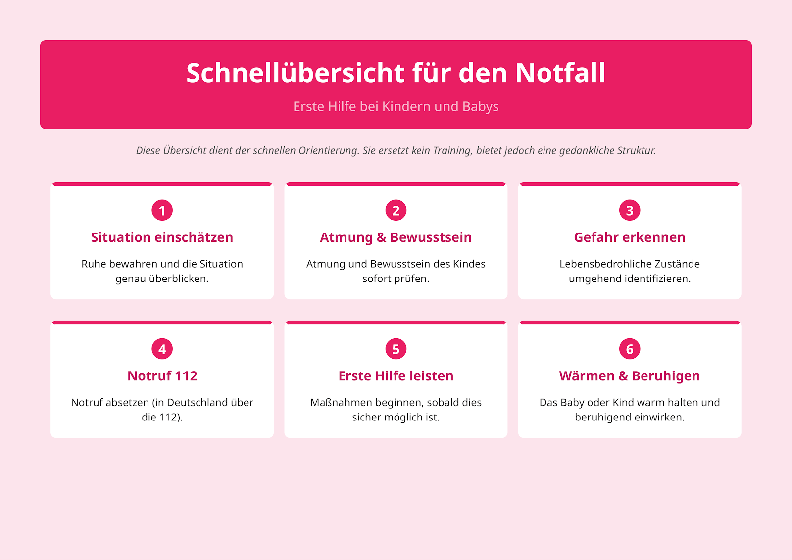 Infografik mit 6 Schritten zur Ersten Hilfe bei Kindern und Babys im Notfall: Situation einschätzen, Atmung prüfen, Gefahr erkennen, Notruf 112, Erste Hilfe leisten und Wärmen.