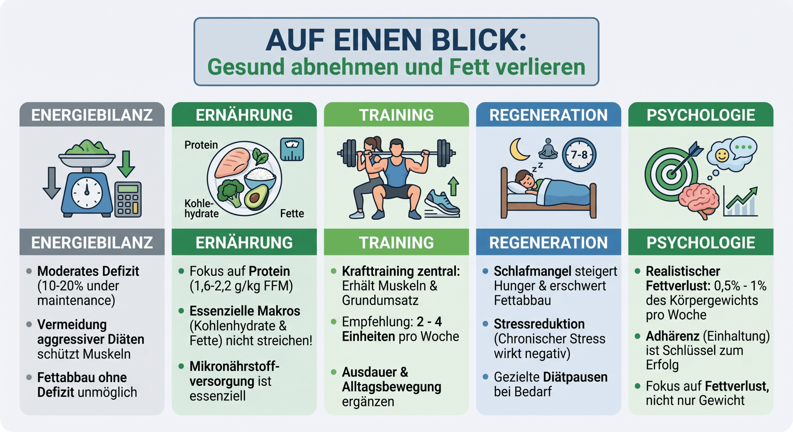 Infografik über die fünf Säulen des gesunden Abnehmens: Energiebilanz, Ernährung, Training, Regeneration und Psychologie für nachhaltigen Fettverlust.
