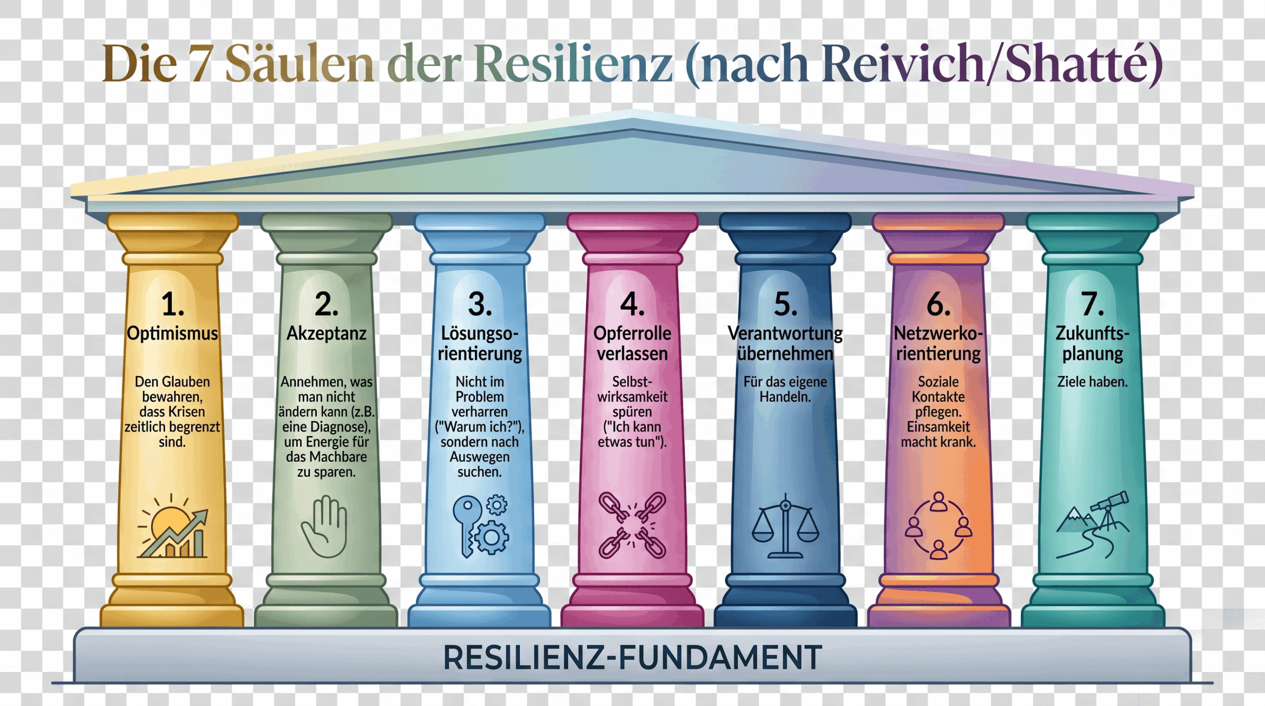 Infografik eines Tempels. Die sieben bunten Säulen stehen für die Resilienzfaktoren nach Reivich und Shatté: Optimismus, Akzeptanz, Lösungsorientierung, Opferrolle verlassen, Verantwortung übernehmen, Netzwerkorientierung und Zukunftsplanung.